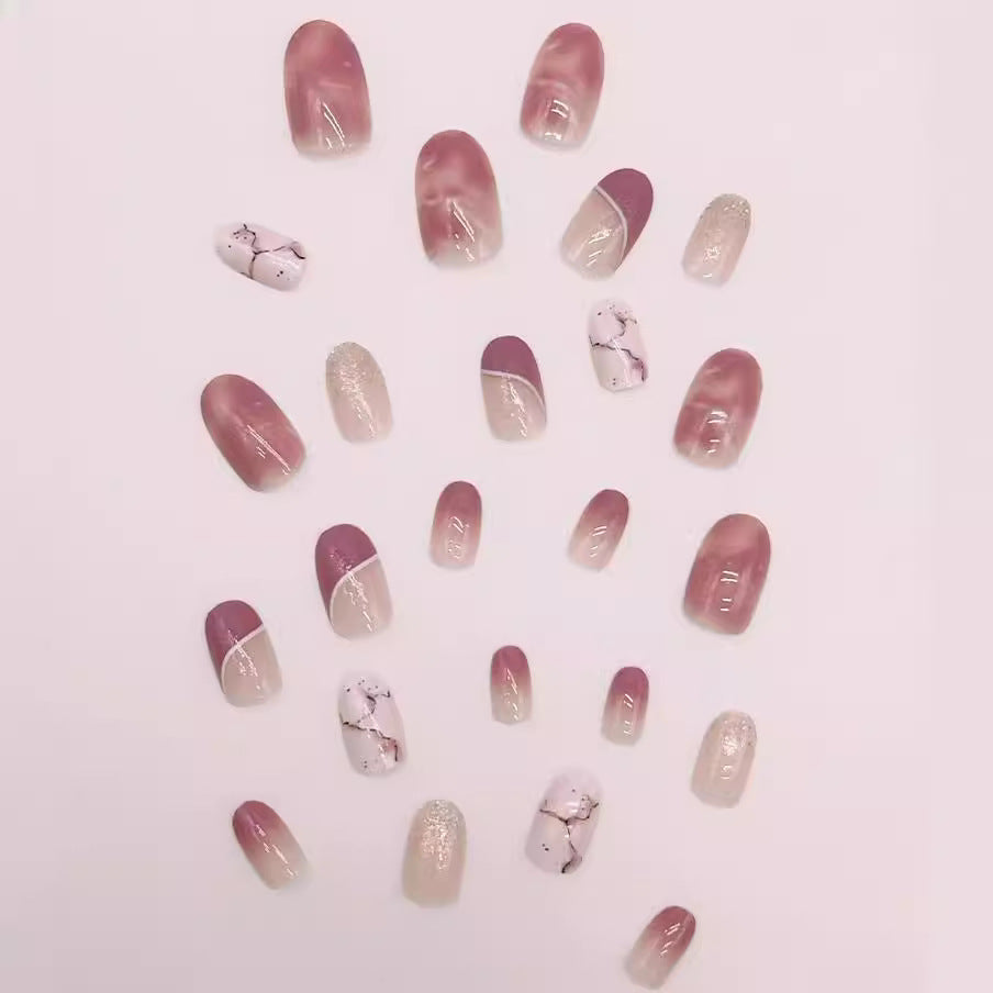 24-Piece Pink Ice Marble Oval Fall Nails