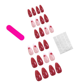 Red Star French Manicure Nails, Almond Shape, Handmade, Sexy & Cool