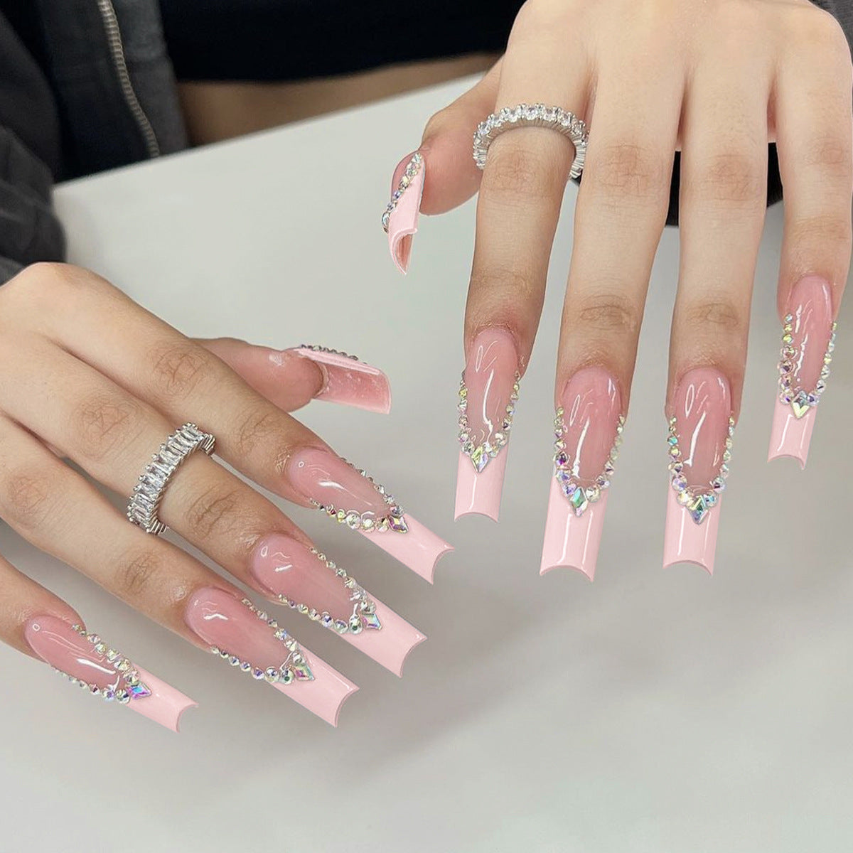 Long Detachable Nail Tips with Pink French and Rhinestones