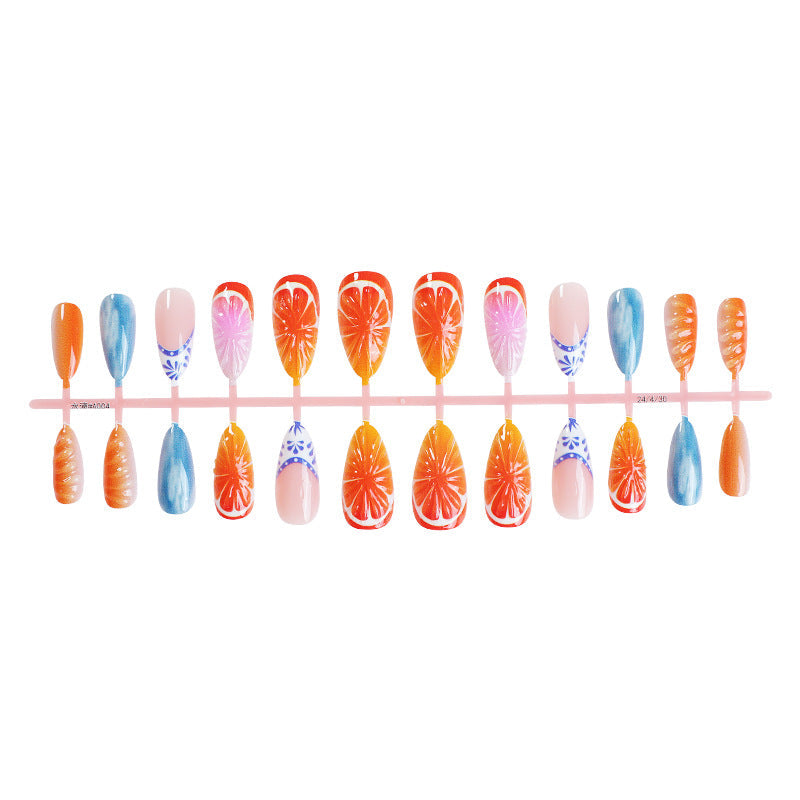 24-Piece Orange 3D Resin Nail Tips, Detachable Fake Nails