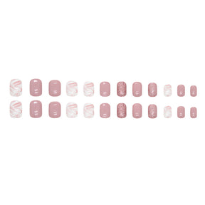 Simple White Pink Tender Girl Nails Sparkling Full Ink Wash Pink White Short Fake Nails