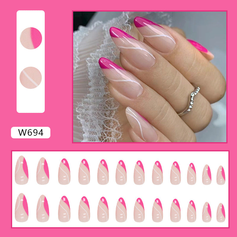 Rose Red Triangle Edge French Lines Almond Nails Euro Ins Style Ready-to-Wear Nails