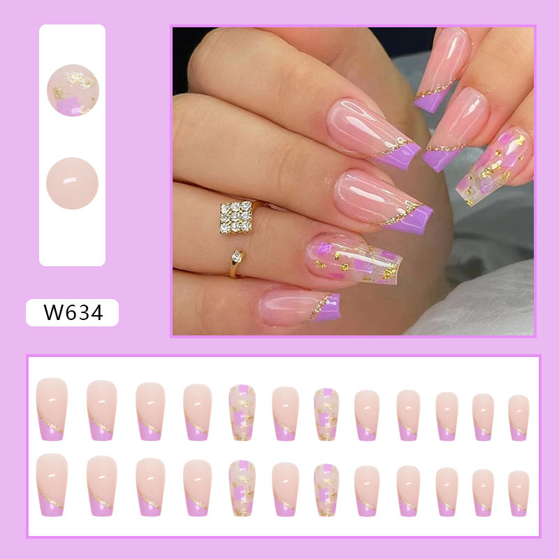 Simple Gold Foil Purple Nails Whitening French Super Glitter Wearable Nails Practice