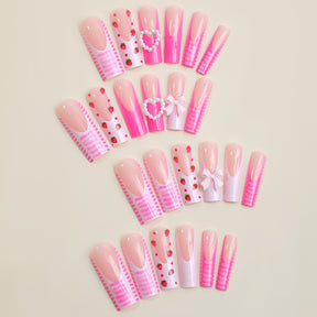 Super Long Pink Heart Bow 3D Fake Nail Tips