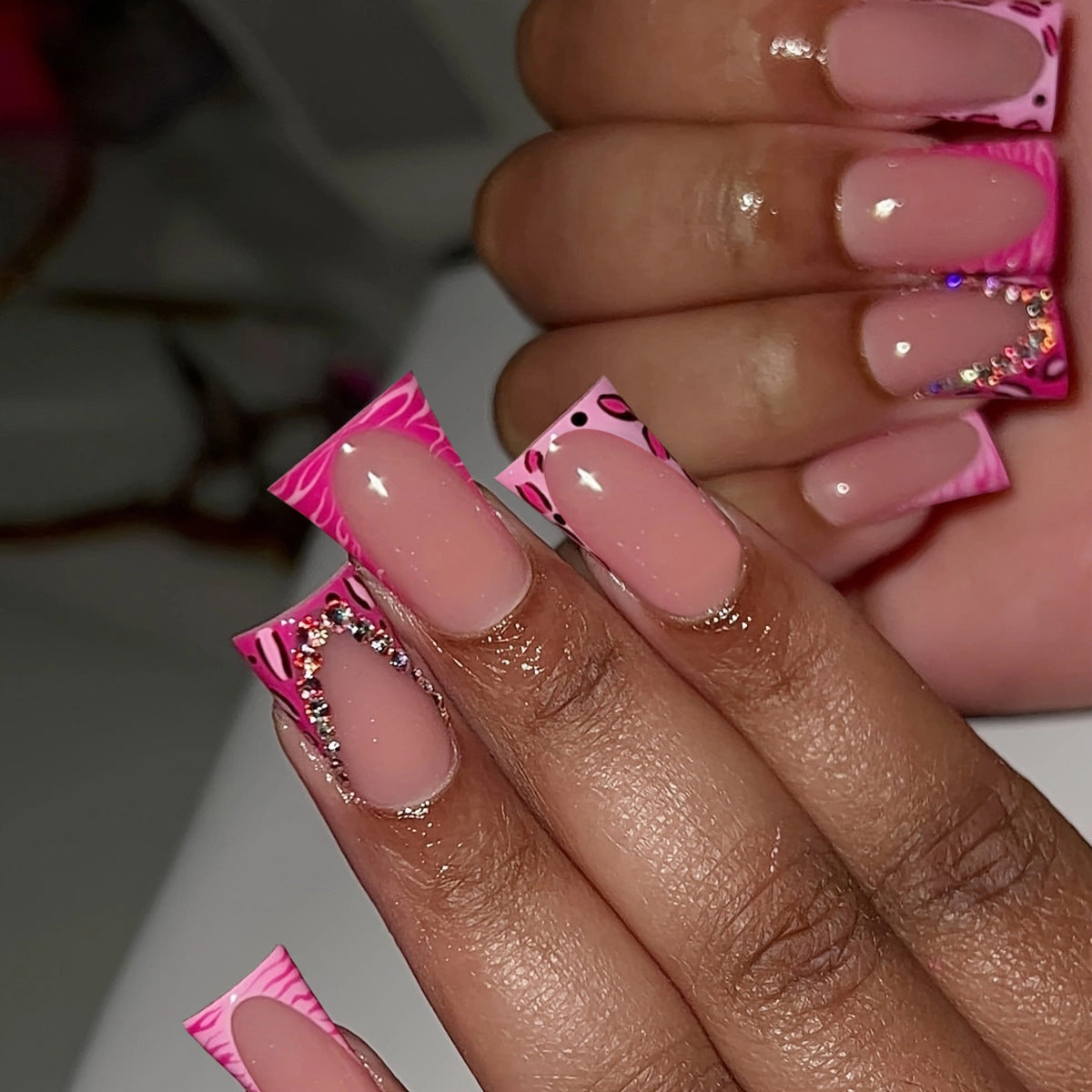 Luxury Duckbill French Nail Tips with Pink Rhinestones