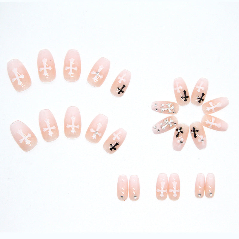 Nude Cross Pattern Gold Powder Long Wearable Nails - Removable Manicure Sheets