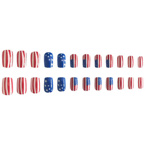 4th of July Red White Blue French Square Nails with Flag Design