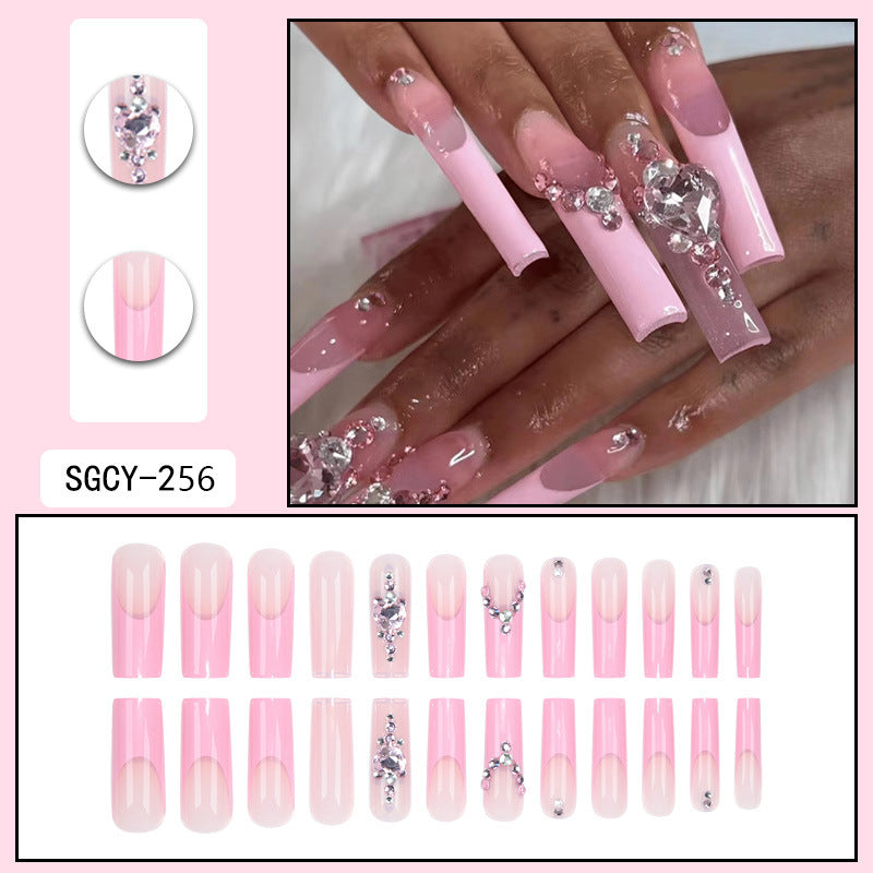 Long French Heart Crystal Nail Tips, INS Style