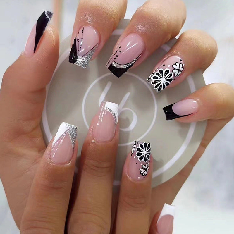 Flashy Black and White French Short Ballet Nails, Sweet and Edgy Flower Design