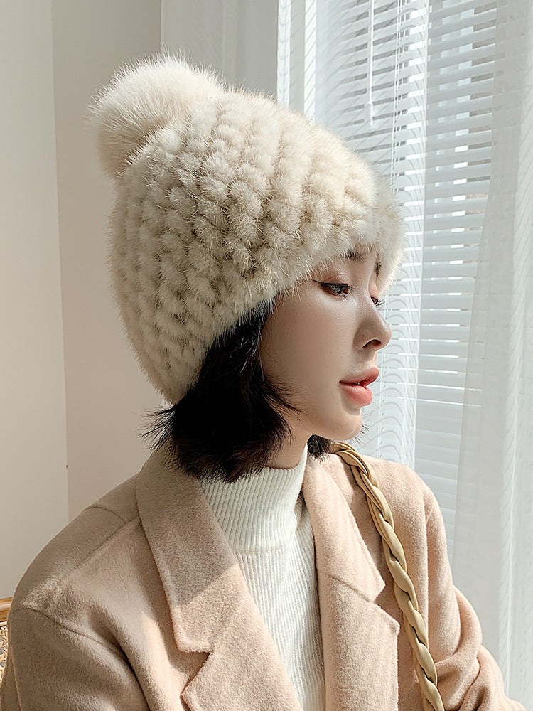 Winter Mink Fur Hat with Fox Fur Pom-Pom - Cozy & Stylish