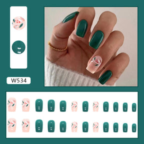 24-Piece Mid-Length Square Green Leaf Nail Stickers