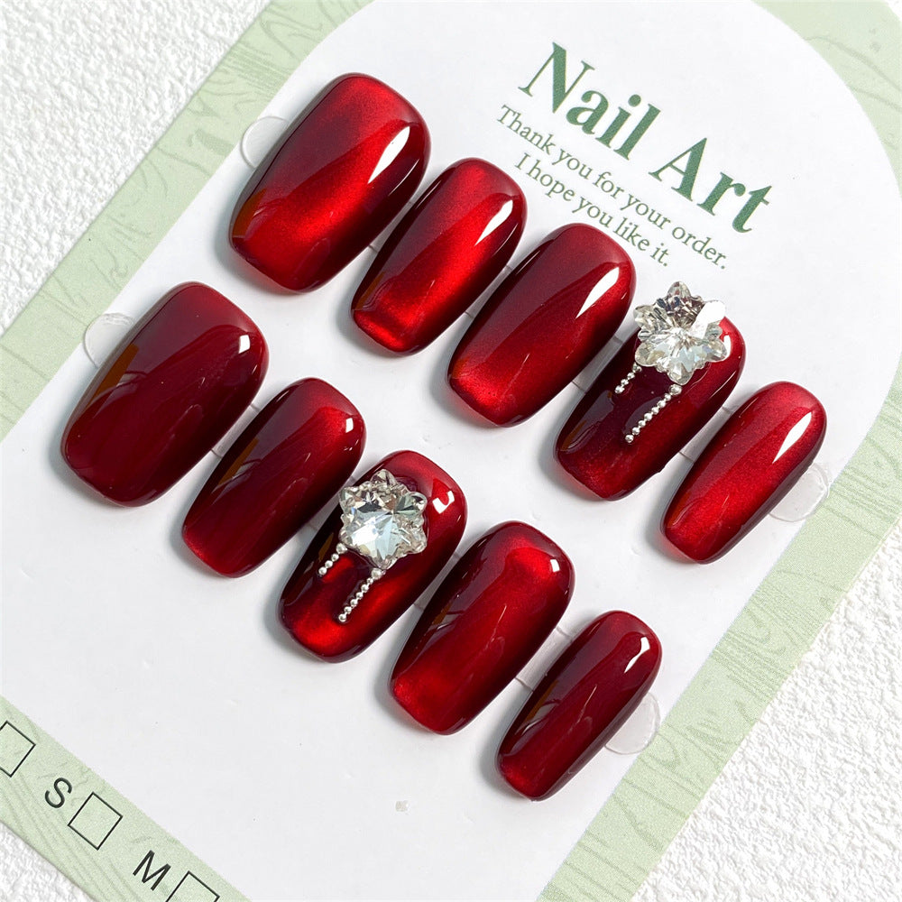 Chic Handmade Dark Red Cat Eye Flash Diamond Fall Nails, Versatile Short Nail Patches