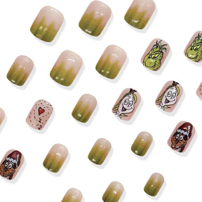 Christmas Short Square Grinch Green Gradient Cute Nail Tips