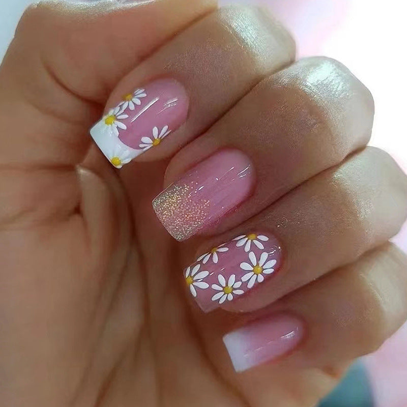 White Minimalist French Gradient Floral Nails, Sweet and INS Style