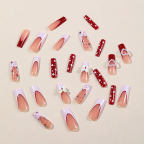 Chic Edgy Long Press-On Nails - Heart Bow Strawberry French