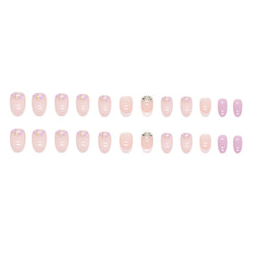 Oval Minimalist French Nails, Lilac with Gold Foil and Crystals