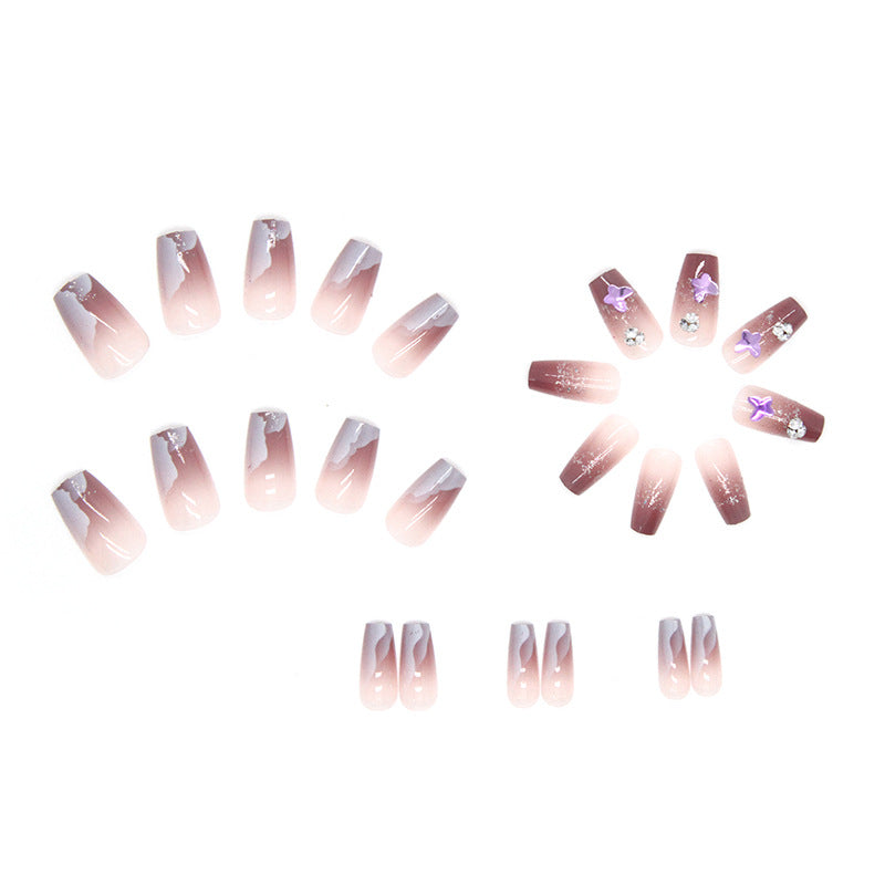 Shiny Diamond-Stacked Purple Laser Butterfly Ombre Ballet Fall Nails: 24-Piece Set