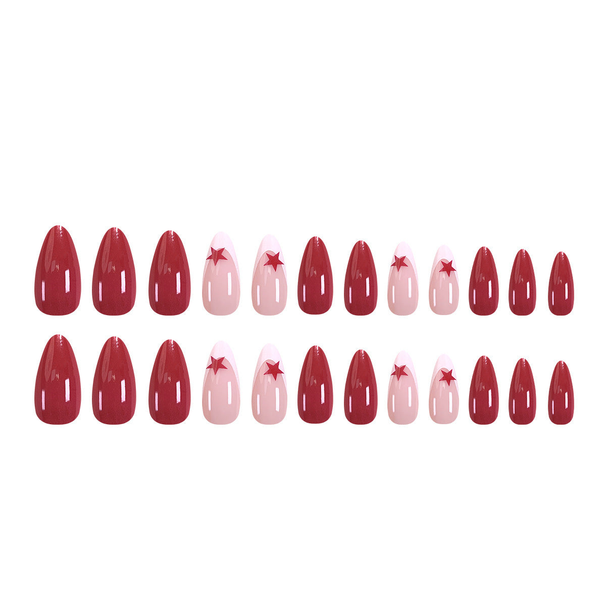 Red Star French Manicure Nails, Almond Shape, Handmade, Sexy & Cool