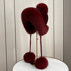 Women's Warm Faux Fur Lined Fox Ear Flap Hat with Real Rabbit Fur Pom Pom