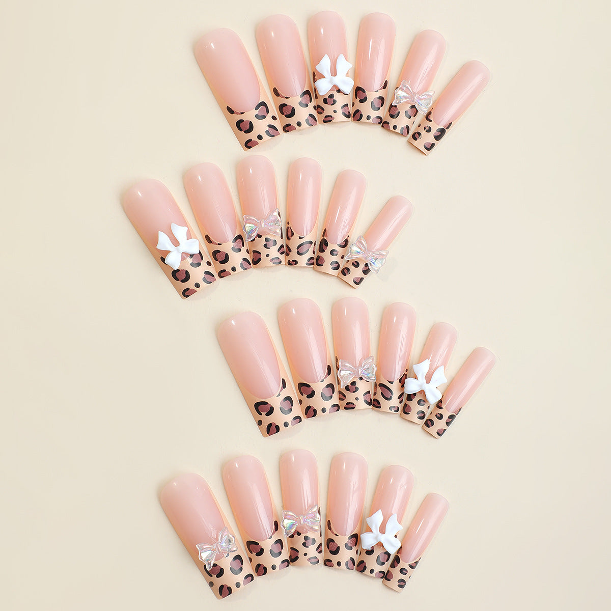 Long French Leopard Print Nail Tips with Bows