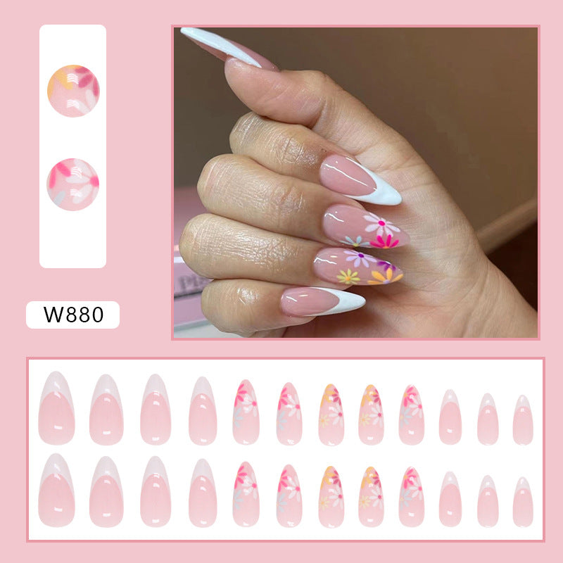 White French Nails, Colorful Flower Minimalist Almond Shape