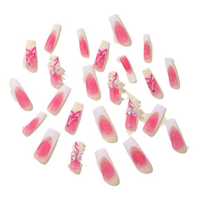 Pink Aurora Butterfly Bow Pearl Nail Wraps with White French Edge for Fall Nails