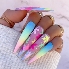 Colorful Maple Leaf Gradient Nails, Long and Pointed