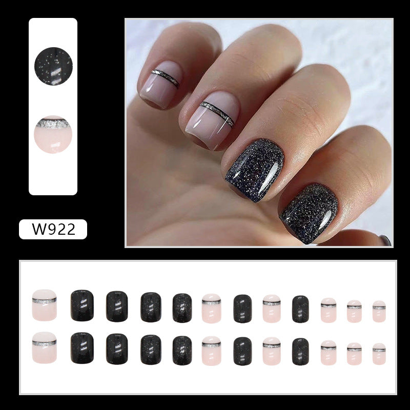 Short Square Flashy Solid Color Line Nails, Black and Pink