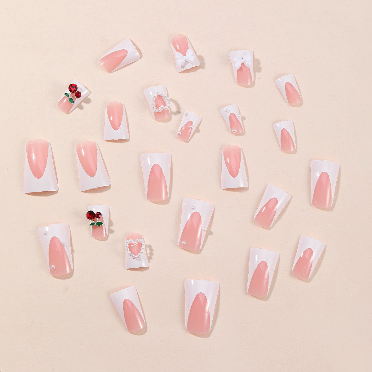 Duckbill White French Tip Bow Cherry Pearl Removable Nails