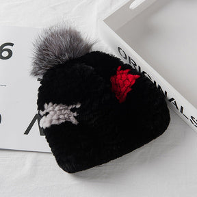 Winter Fashion Real Rabbit Fur Hat with Fox Pom Pom