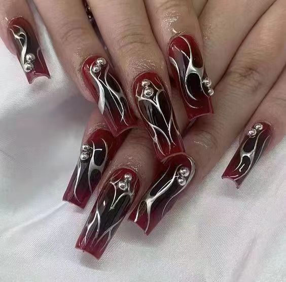 Cross-border Wine Red Cool Girl Fall Nails - Removable Nail Tips