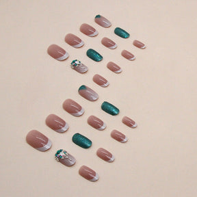 Oval French Nails, Noble Emerald Green with Crystal Studs