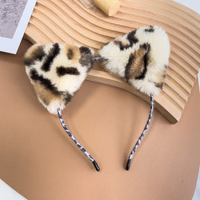 Cute Real Rabbit Fur Cat Ear Headband - Leopard Print