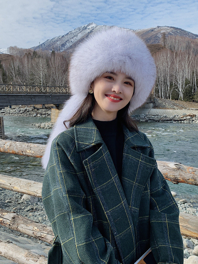 Winter Fox Fur Hat with Long Fringe and Pom Pom