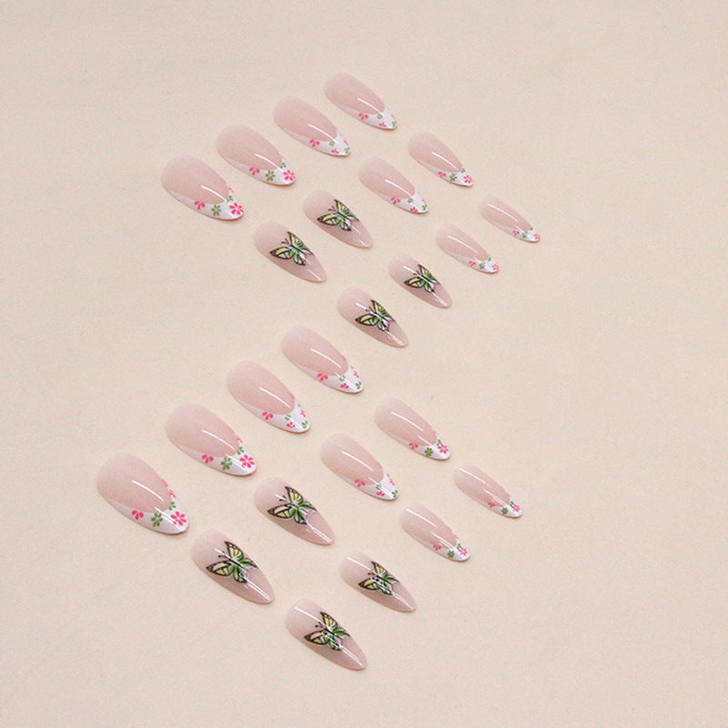 Round Almond Nails - Multicolor Floral, Fresh French Tip, Ins