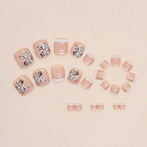 Simple White French Watercolor Flower Toenails, 24-Piece, Soft Girl Style