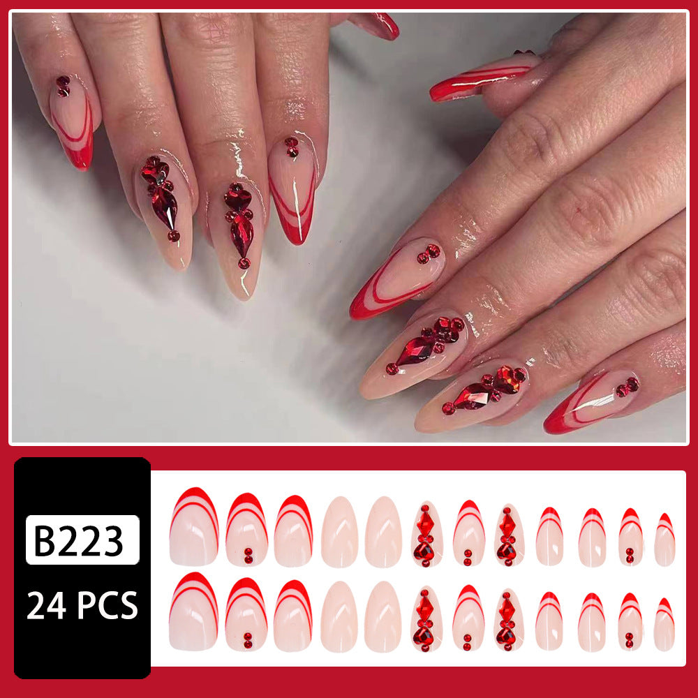 Shiny Diamond Almond French Nails, Red and Elegant