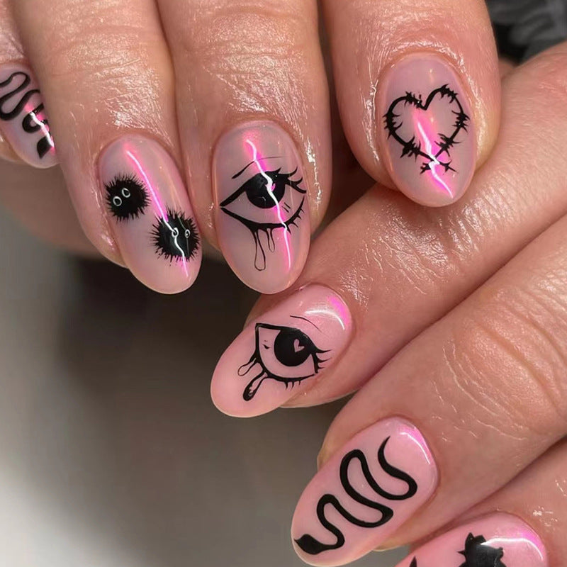 Oval Long Nails, Aurora, Black, Thorn Heart Rose, Ins Style