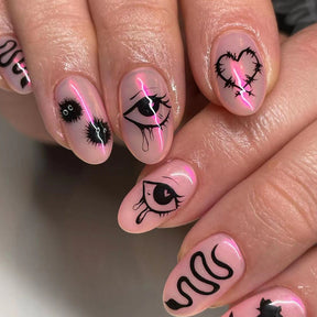 Oval Long Nails, Aurora, Black, Thorn Heart Rose, Ins Style