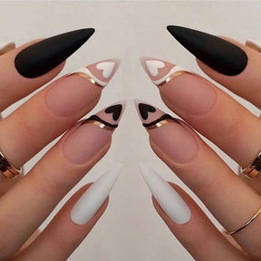 Wholesale French Black White Heart Nails, Gold Line, Matte Finish