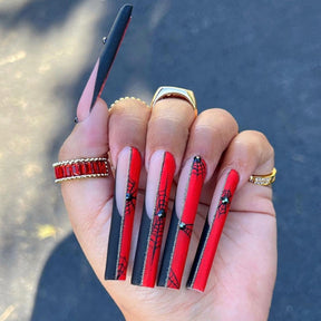 Black Red French Tip Long Halloween Nails with Spider Web