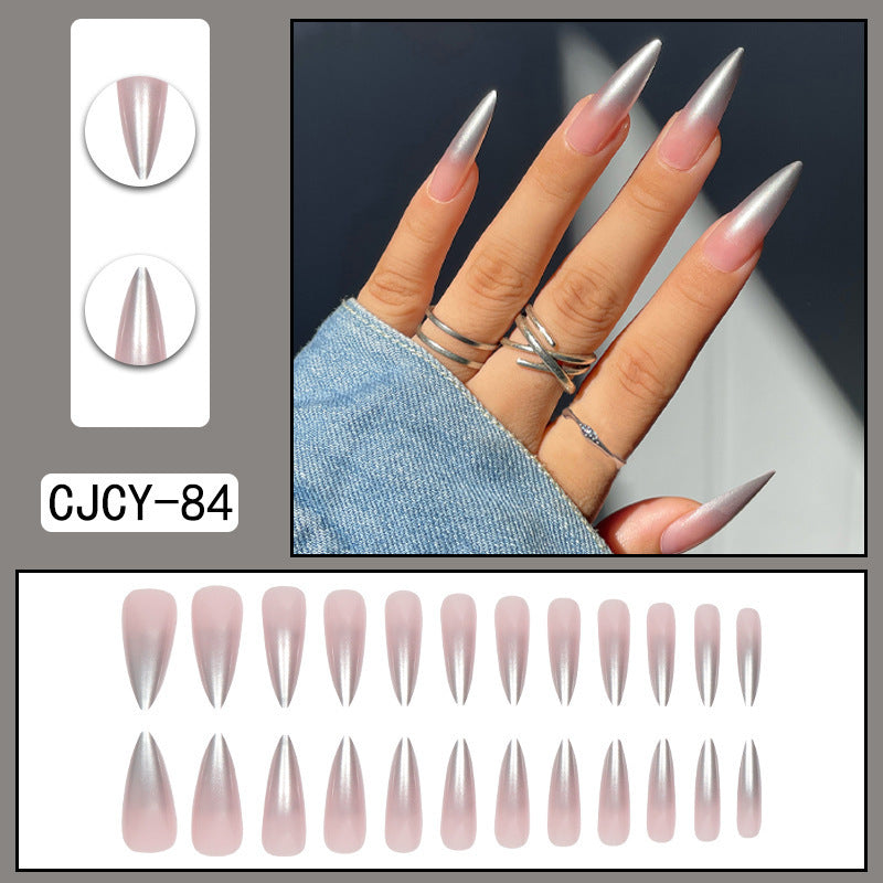 Silver Gradient Long Pointed Nails - Jelly Pink (Wholesale 24-Piece)