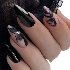 Black Almond Irregular Flower Cluster Diamond Nails