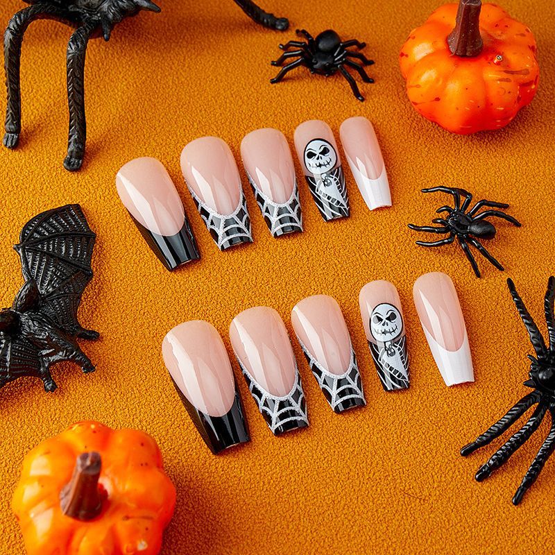 Black and White French Mid-Length Flat Ballet Nails: 24-Piece Halloween Spider Web Fall Nails