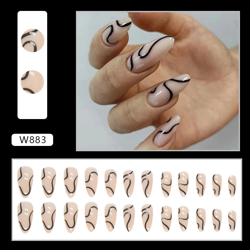 Simple Almond Nails Black Beauty Curve Wave Irregular Lines Euro Ins Style