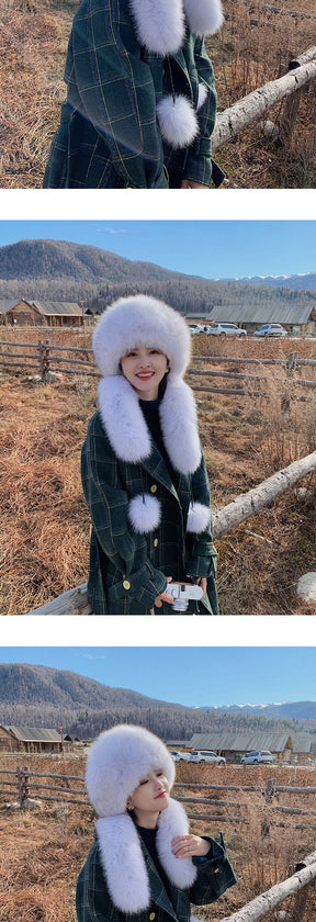 Winter Fox Fur Hat with Long Fringe and Pom Pom