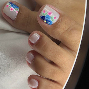 Short Square Blue Flower Press-On Toe Nails, Simple & Stylish