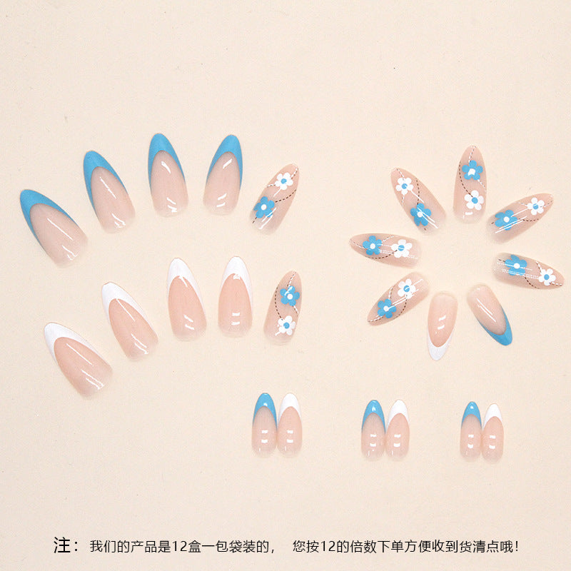 Fresh Blue White Dual-Tone Almond Nails, Cute Flower Design, Ins Style