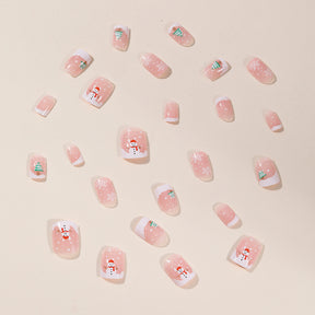 Removable Christmas Snowman Tree Snowflake Pink Fake Nails