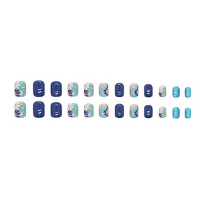 Short Fresh Morandi Blue Wave Fall Nails - High-Shine Glitter Nail Tips